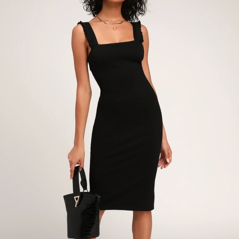 Lulu's Persuasion Black Ruffled Bodycon Midi Dress  Womens Size Small